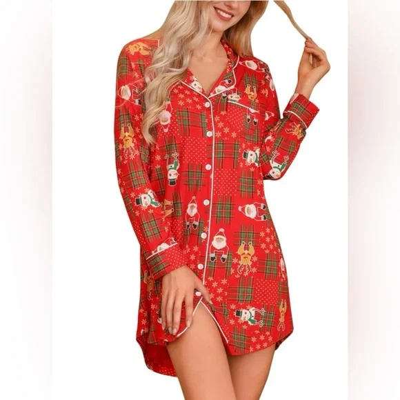 Christmas Pajamas One Piece Button Down Boyfriend Shirt Style Sizes M L XL - Picture 2 of 5